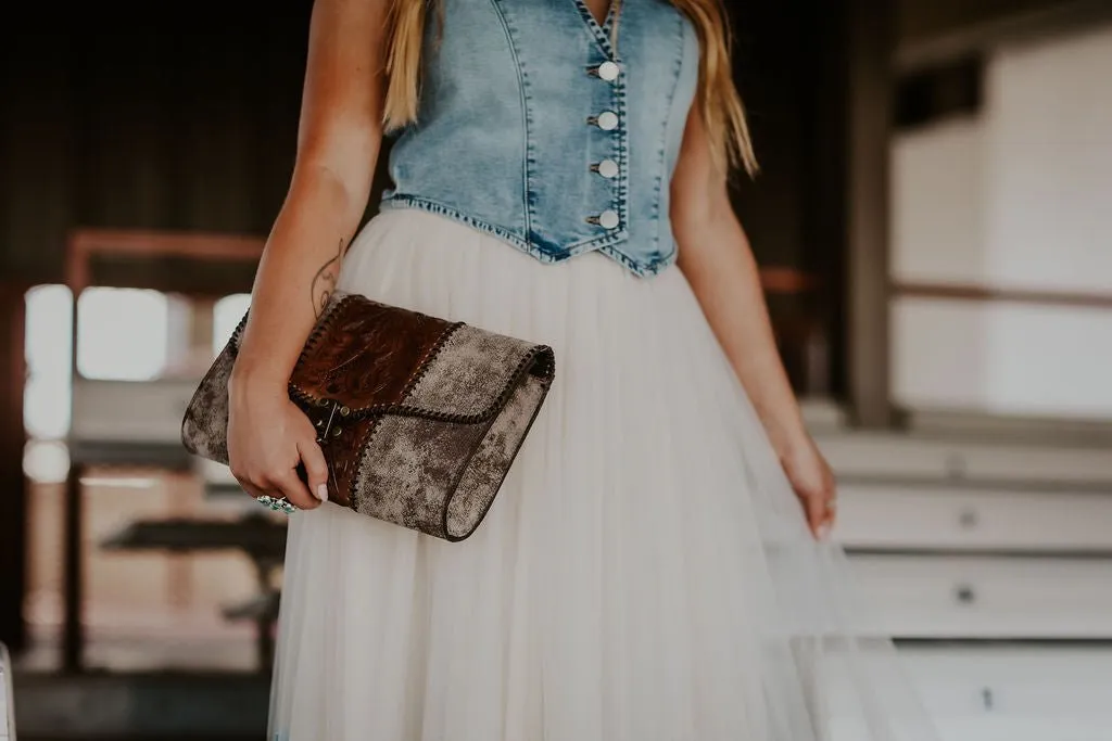 Adobe Brown Envelope Crossbody with Tooled Brown Strap