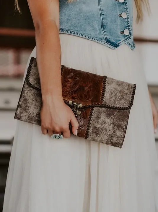 Adobe Brown Envelope Crossbody with Tooled Brown Strap