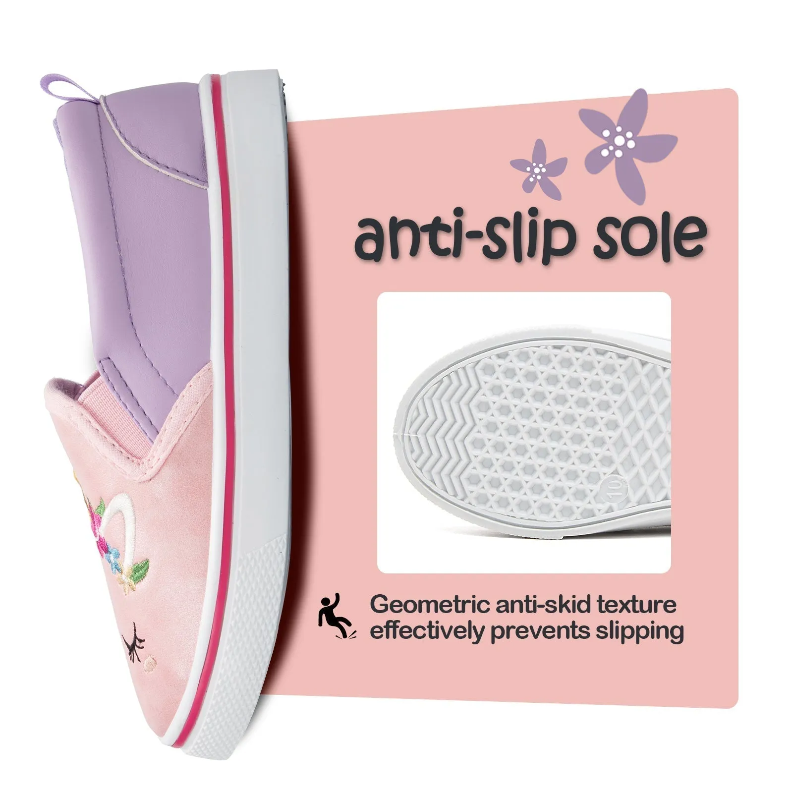 Pink and Purple Paneled Unicorn Embroidered Slip-ons