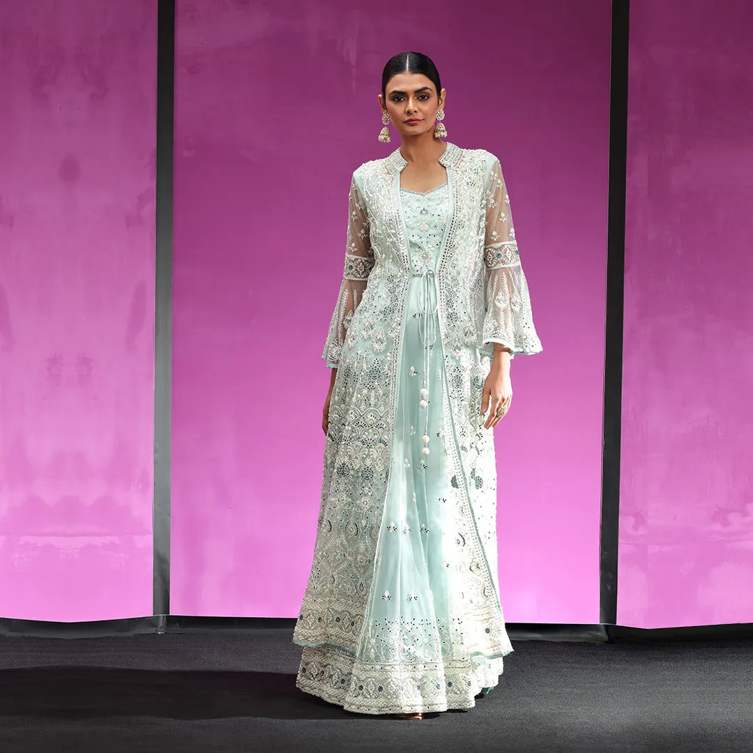 Sky Blue Silk and Net Gown Paired With Heavy Embellished Jacket