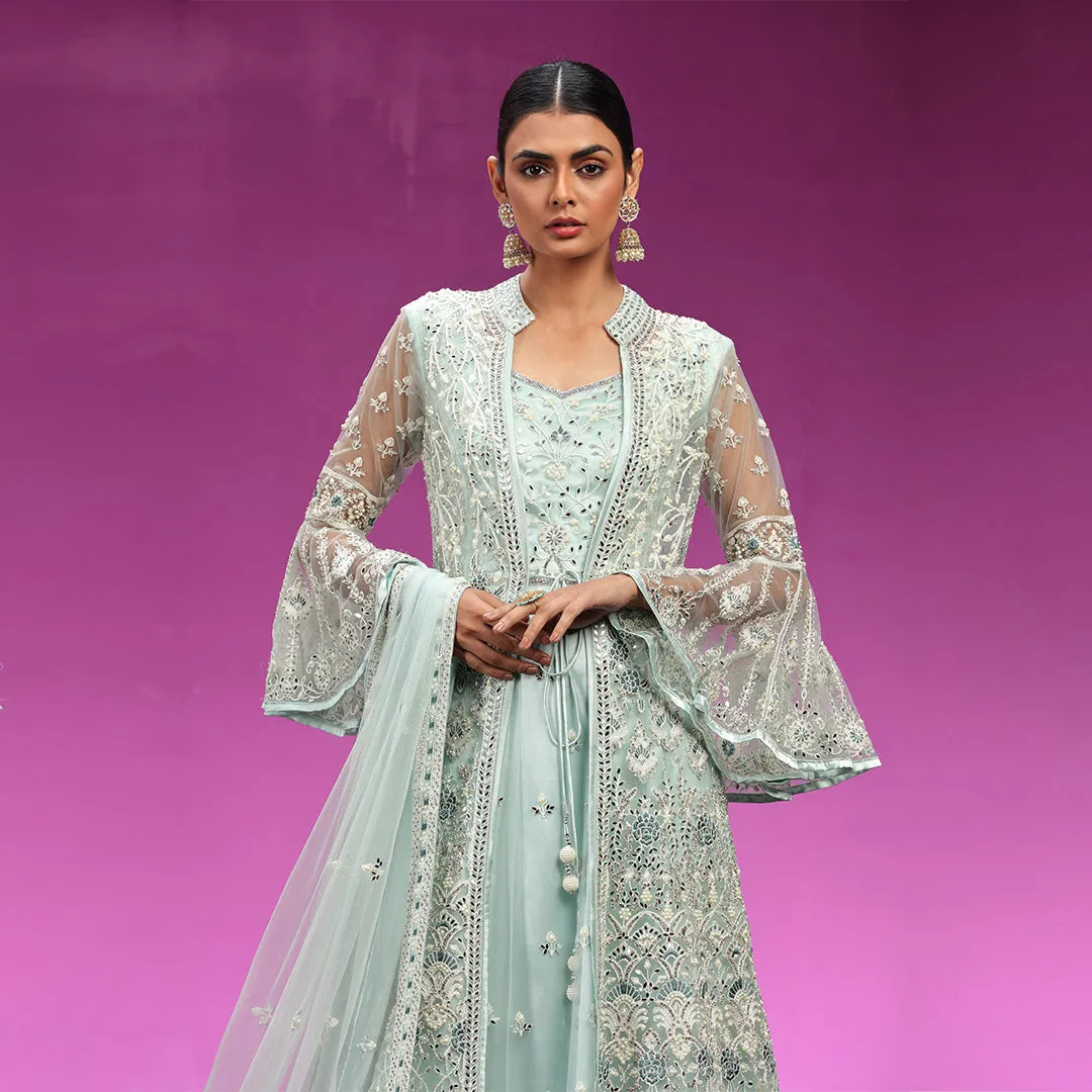Sky Blue Silk and Net Gown Paired With Heavy Embellished Jacket